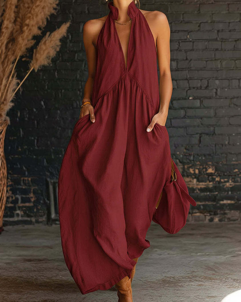 Amy l Sleeveless dress with stand-up collar, solid color, maxi length
